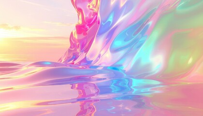 Ethereal Abstract Landscape with Iridescent Swirls of Pink Blue and Yellow Under a Soft Golden Sunset Sky Reflecting in a Wet Surface