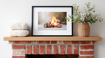 Cozy fireplace scene with framed poster and decoration on brick mantel