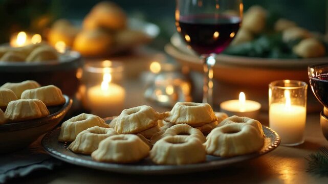 Festive atmosphere with candlelight highlighting mince pies and cookies, accompanied by a glass of red wine.