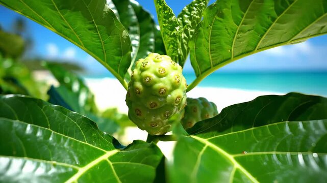 Close Up Noni Fruit Growing on Tree Near Beach, Tropical Environment