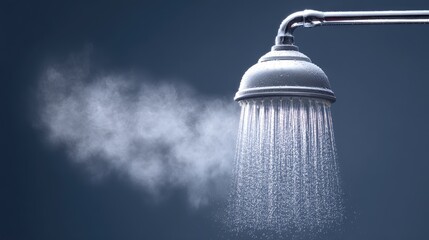 Water droplets falling from a shower head with steam in the background creating a calming and refreshing atmosphere