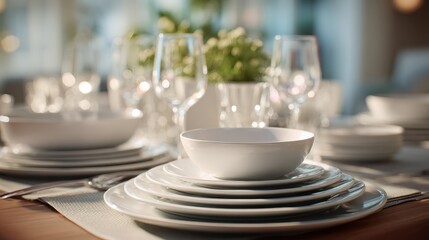 Fototapeta premium Elegant White Table Setting with Stacked Plates, Wine Glasses, and Soft Lighting.