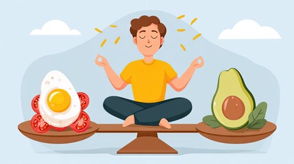 Calm Man Meditating with Healthy Food Choices Representing Balance in Nutrition and Lifestyle with Avocado and Egg