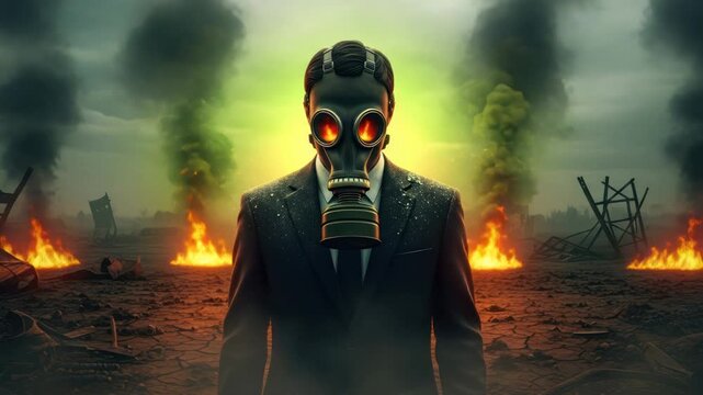 A figure in a suit and gas mask stands amidst flames and toxic smoke in a desolate wasteland