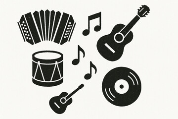 Argentine Music Icon Set with Bandone&oacute;n, Guitar and Folk Instruments in Flat Vector