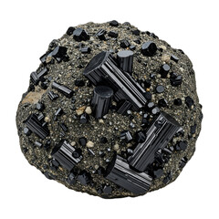 Large boulder with striking black tourmaline crystal prisms, a realistic, high-detail mineral specimen with sharp focus, studio lighting, isolated on transparent background. Great for science,