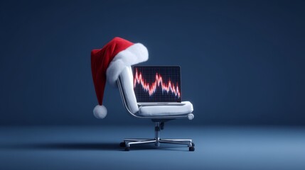 digital finance, futuristic investing, graph, analytics, Festive Future: Santa Hat on Chair with Futuristic Stock Forecast on Monitor