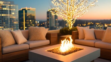 luxury hospitality, festive atmosphere, blurred background, Serene Elegance: Contemporary Rooftop Escape with Firepit and Soft Holiday Lights Bokeh, Copy Space for Text