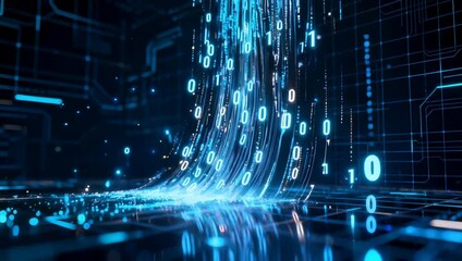Abstract digital data flow with cascading 0s and 1s, representing big data processing, digital transformation, and information technology concepts. - Powered by Adobe