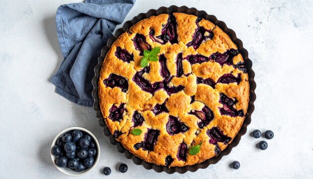 Finnischer Blaubeerkuchen in einer Backform, frisch gebacken.