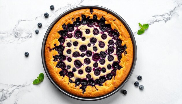 Finnischer Blaubeerkuchen in einer Backform, frisch gebacken.