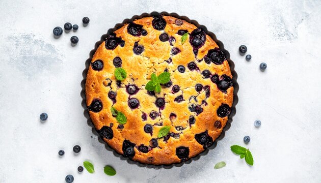 Finnischer Blaubeerkuchen in einer Backform, frisch gebacken.