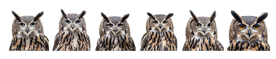 Obraz premium A majestic array of owls, their intelligent eyes staring directly forward, showcases the captivating beauty and wisdom of these nocturnal predators. png transparent background