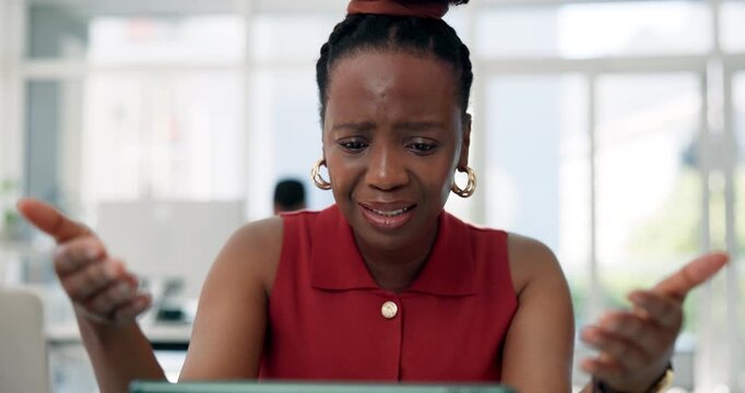 Confused, business woman and anxiety in office with bad news, mistake or 404 error for project. Creative employee, laptop and person with stress, worry and reaction for failure, crisis and review
