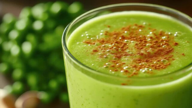 A refreshing glass of a vibrant green smoothie adorned with a sprinkle of red chili flakes. Perfect for a healthy breakfast or snack.