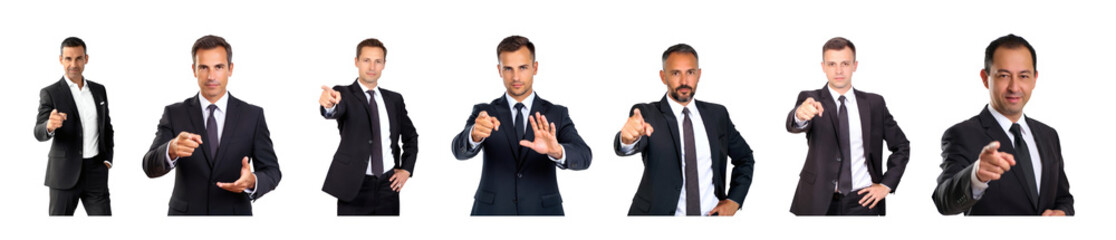 A collection of business professionals, immaculately dressed in tailored suits, each pointing directly towards the viewer with a sense of focus. png transparent background