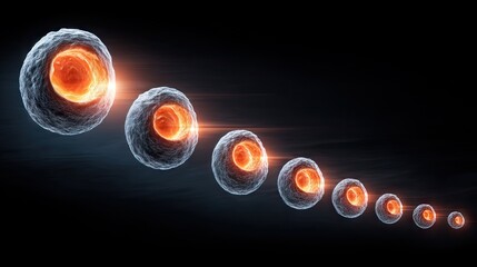 Abstract representation of cells in motion with glowing cores on a dark background showcasing biological processes in life development