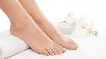 Woman's Feet with a French Pedicure on a White Spa Towel