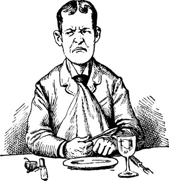 Unhappy man diner with a bib and spoon
