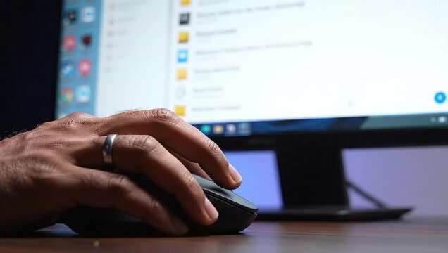 Hand Using Computer Mouse on Windows 11 Desktop.