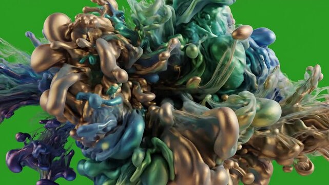 Vibrant colors blending into liquid flow with slow motion fluid simulation swirling on effect green screen liquid simulations style