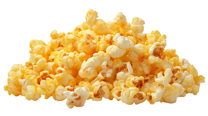 Snack popcorn isolated on white background or transparent png, showing fluffy popped kernels, crunchy texture, golden color, and classic cinema snack appeal.