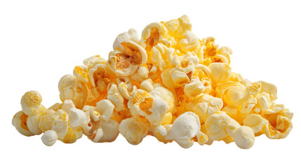 Snack popcorn isolated on white background or transparent png, showing fluffy popped kernels, crunchy texture, golden color, and classic cinema snack appeal.