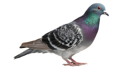 Pigeon isolated on white background or transparent png, showing gray feathers, rounded body, short beak, and calm urban bird presence.