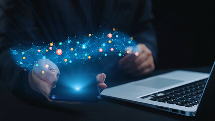 Social media interaction digital icons floating show concept of social media marketing. Online...