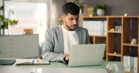 Media agency, laptop and man with planning, internet and research for creative project. Person, publishing and employee in workplace, pc and website info with manuscript proposal and online reading