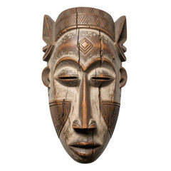 Old weathered wooden mask, tribal carving, isolated on transparent background. Realistic cultural artifact with sharp detail, perfect for historical, educational, art, or Halloween design projects.