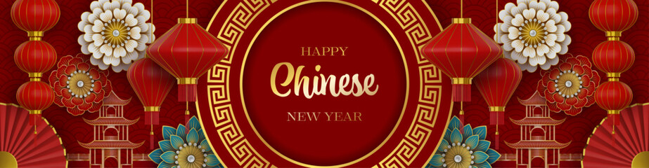 chinese new year banner with flowers, lanterns, folding fans and gold decorations