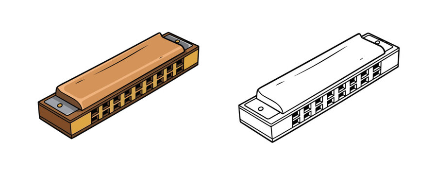 Colored and black and white outline vector illustrations of classic harmonica in isometric style in brown and silver colors used for music icons and educational kits