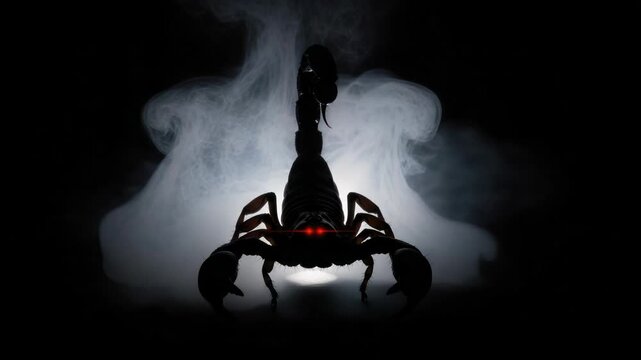 Mysterious Scorpion Silhouette with Red Eyes Emerging from Ethereal Smoke on Black Background