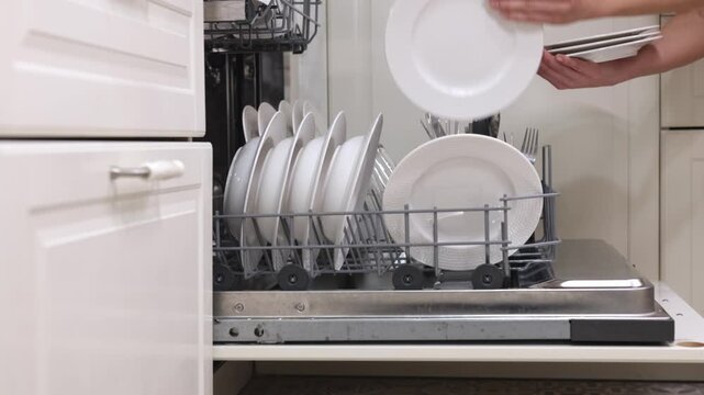 Dishwasher loading process with clean plates being removed from the rack, showcasing the organized arrangement and transition of kitchenware in a modern kitchen setting