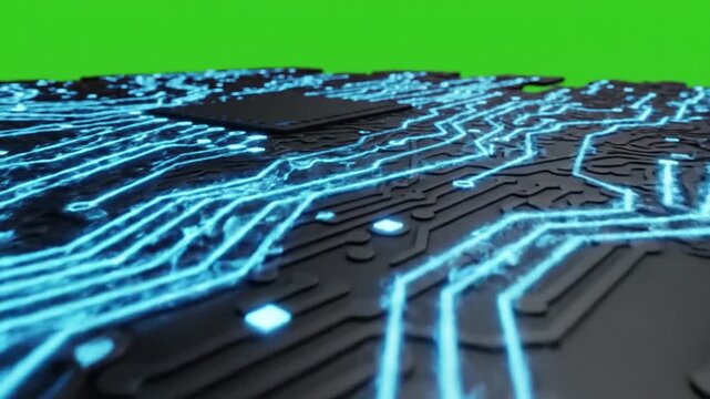 Circuit board elements morphing into organic forms with intricate circuit board pattern animating effect ad_ready green screen