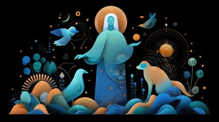Abstract illustration of a serene figure surrounded by nature, birds, and celestial elements in vibrant colors and intricate designs