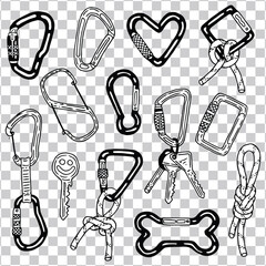 Assorted hand-drawn carabiners, various hooks, and keychains in a doodle sketch style, ideal for illustrating adventure, safety, and strong connection concepts with versatile appeal