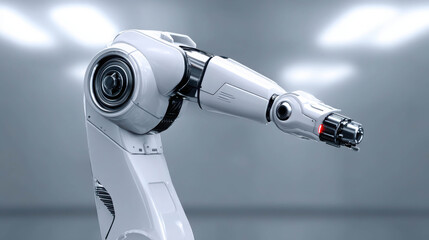 High Resolution Metallic Robotic Arm Assembling Parts in a Clean Modern Environment