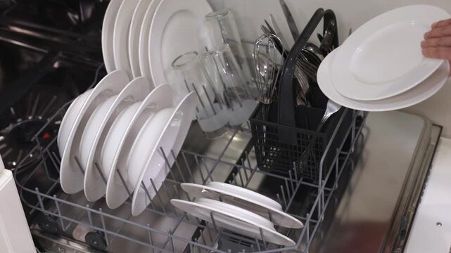 Dishwasher loading process with clean plates, glasses, and utensils being organized into the rack, showcasing efficient dish placement and arrangement for optimal cleaning results