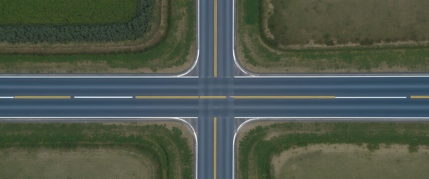 Aerial symmetrical four way rural highway intersection with green fields