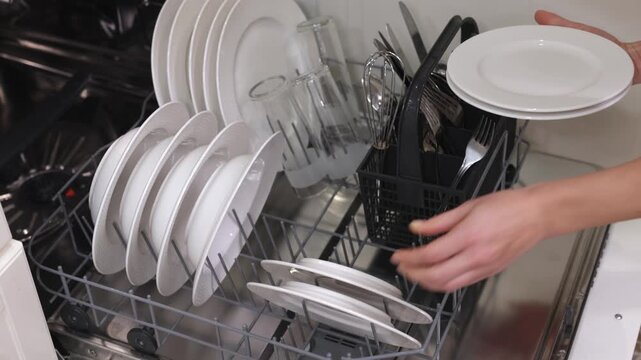 Hands placing clean white plates into a dishwasher rack alongside glasses and utensils, showcasing organized dish placement and efficient loading process for optimal cleaning