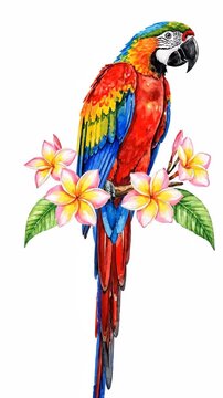 Colorful watercolor parrot with plumeria flowers