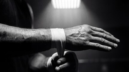 Close Up of a Boxer Wrapping Hands in Black and White