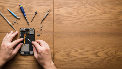 Top view of hands fixing a broken electronic device on one side of a big wooden table, most of the surface kept empty as negative space for text overlays, sustainability, repair and circular economy.