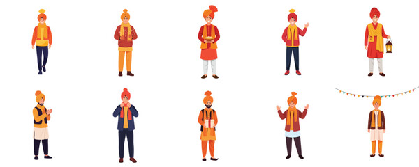Festive Sikh Man Character Flat Vector Illustration Collection Set