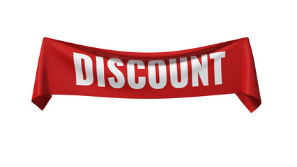 Red promotional ribbon banner with Discount text isolated on transparent background
