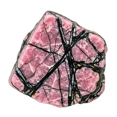 Rough rhodonite, pink with black veins, isolated on transparent background. High detail manganese stone ideal for jewelry design, spiritual healing, luxury branding, or educational content.