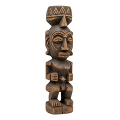 Crude old wooden idol, realistic ritual object for history, mythology, fantasy, game design, Halloween, cultural studies, and spiritual themes. Sharp focus, high detail, studio lighting.