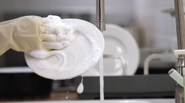 Hand in yellow glove scrubs soapy plate under running water in kitchen sink, rinsing off suds while preparing dishes for dishwasher, showcasing cleaning process